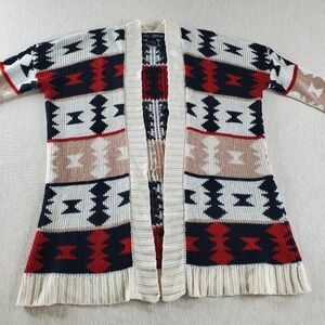 Polly & Esther Sweater Women's Medium Aztec Cozy Cardigan Open Front Red Black